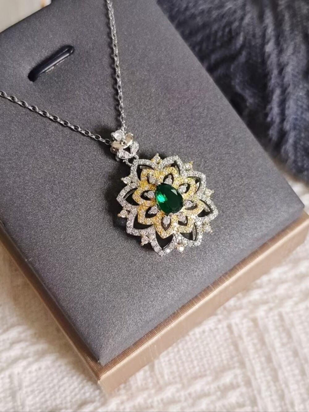 White Rhodium Emerald And White Sapphire Necklace